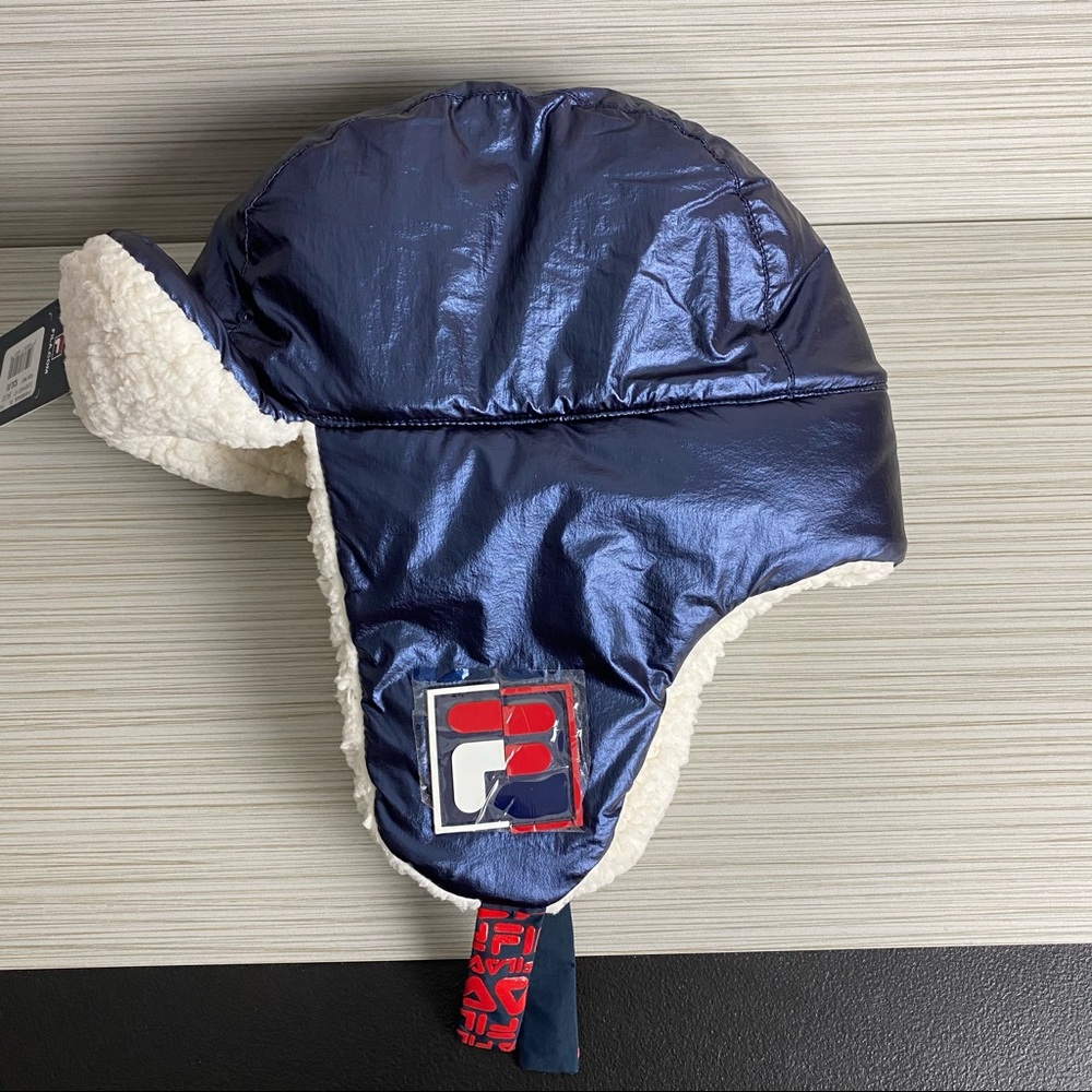FILA Womens Blue Metallic Nylon Puffer Trapper Hat NEW
